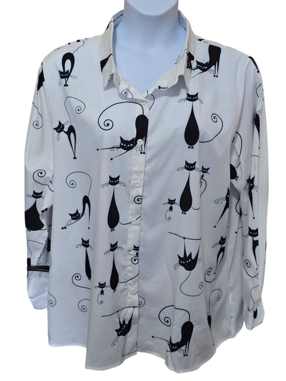 Black & White Cat Print Button-Up Shirt 4XL Long Sleeve Women 95% Polyester Fun
